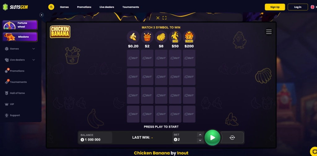 A screenshot of the SlotsGem online casino website showing the 'Chicken Banana' game interface by Inout.