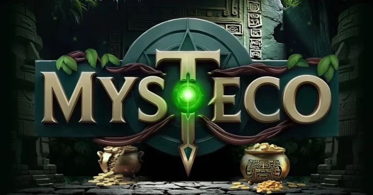 Game logo for 'Mysteco' featuring metallic gold lettering wrapped in vines.