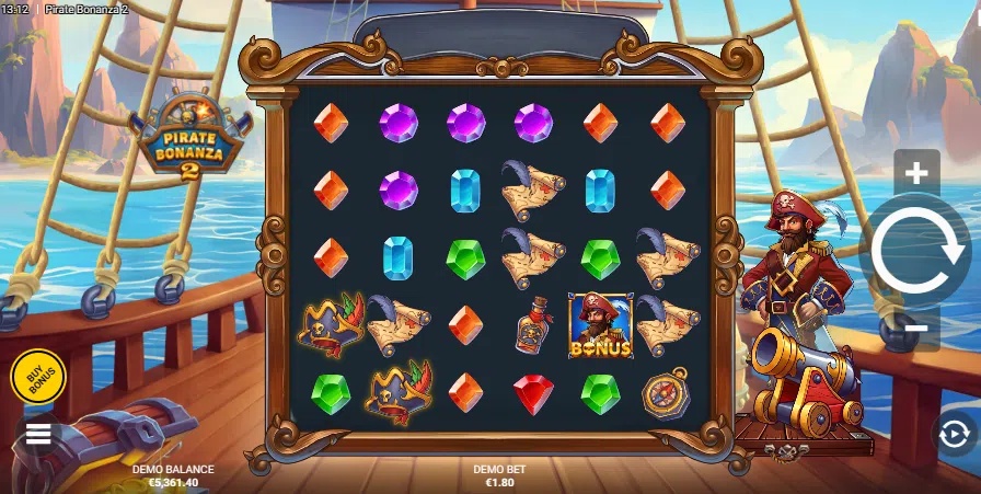 Gameplay interface of the 'Pirate Bonanza 2' slot game, featuring a 6x5 grid of colorful gems and pirate symbols on the deck of a ship.