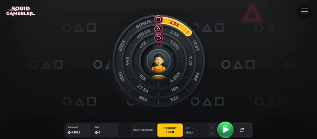 Gameplay interface of the 'Squid Gamebler' online betting game, showing a multi-layered circular betting wheel with multipliers and a central doll figure.