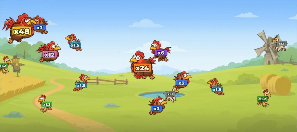 In-game screenshot of a cartoon chicken shooting game set in a green countryside field.