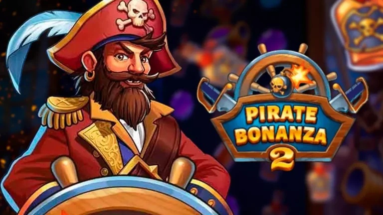 Pirate Bonanza 2 game logo next to a cartoon bearded pirate captain steering a ship wheel.