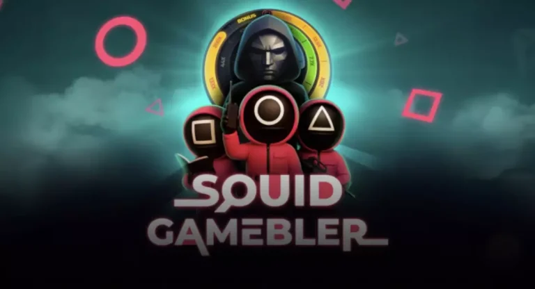 Squid Gamebler logo featuring masked characters in pink jumpsuits and a black-hooded figure, inspired by the Squid Game series.