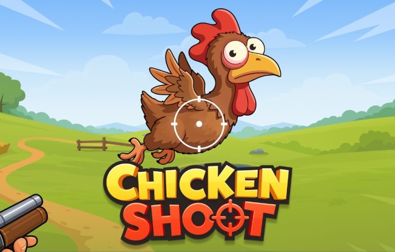 Cartoon banner for a game titled "Chicken Shoot", showing a startled brown chicken flying in the air with a crosshair targeted on it, against a sunny green field backdrop.