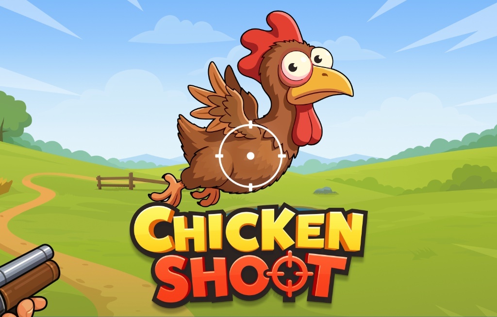 Cartoon banner for a game titled "Chicken Shoot", showing a startled brown chicken flying in the air with a crosshair targeted on it, against a sunny green field backdrop.