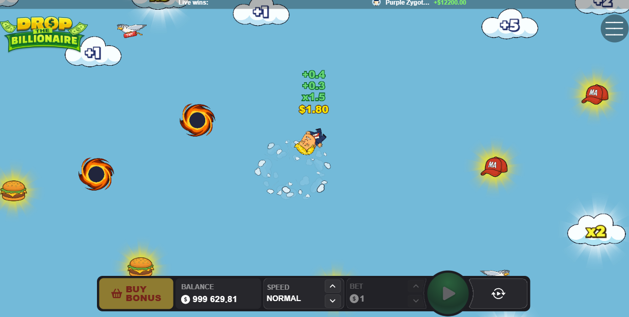 Drop The Billionaire falling through clouds with multipliers