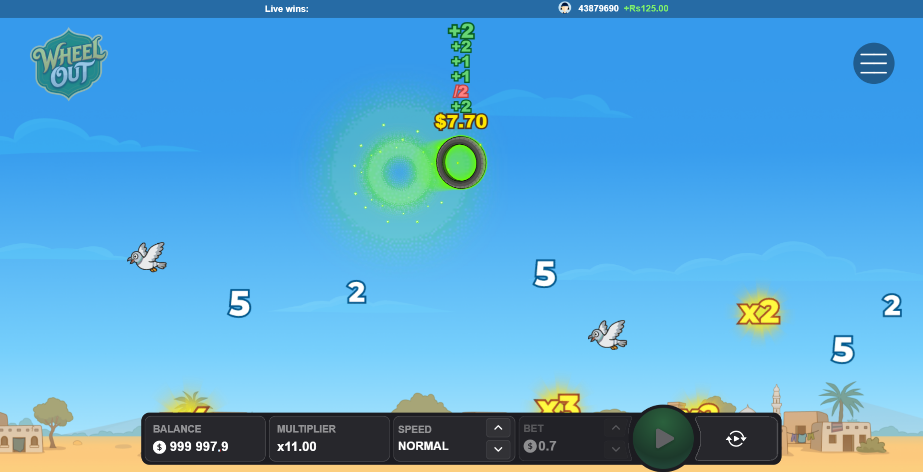 Wheel Out tire flying through the air with x2 and x3 multipliers