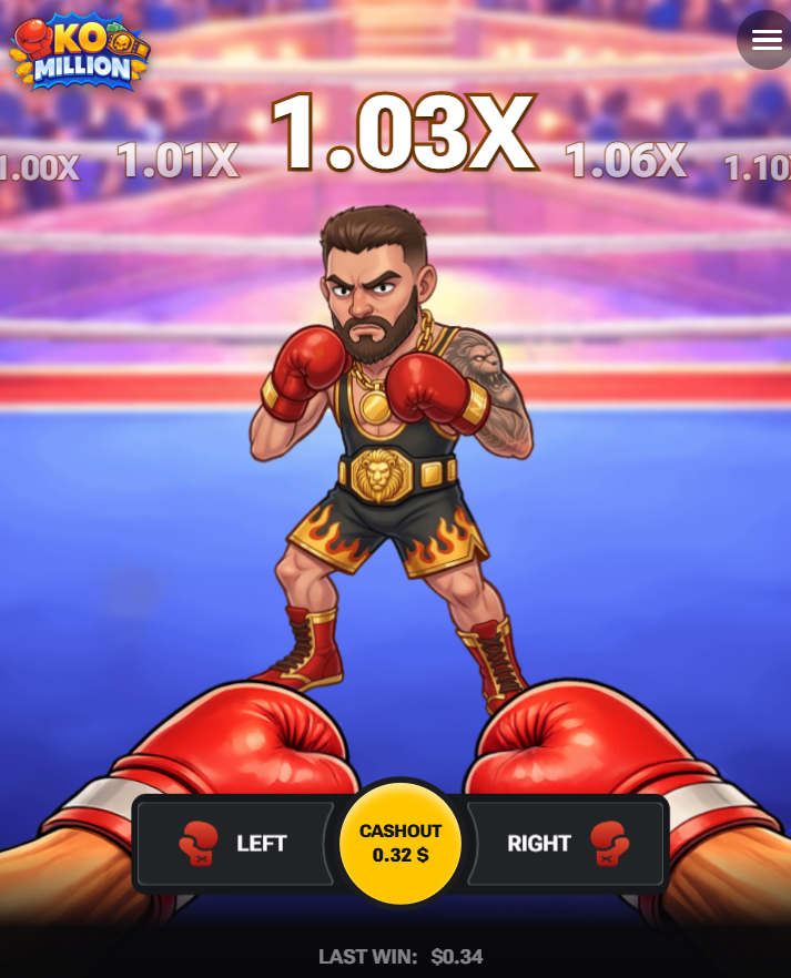 KO Million mobile screen with Left, Right and Cashout buttons