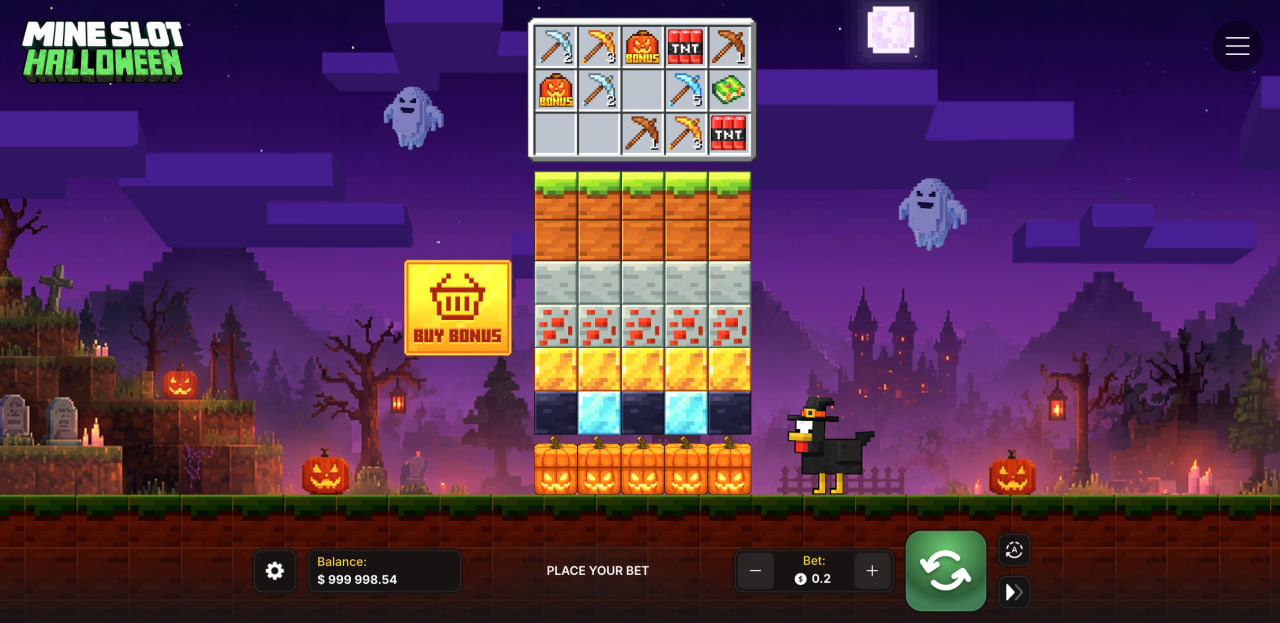 Mine Slot Halloween game screen with block columns, tool panel and Buy Bonus button