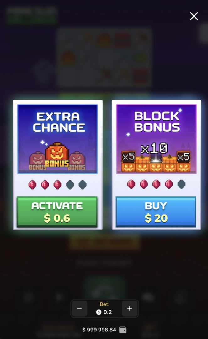 Mine Slot Halloween Extra Chance and Block Bonus window on a vertical mobile screen