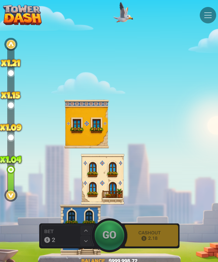Tower Dash vertical mobile layout with Go and Cashout buttons