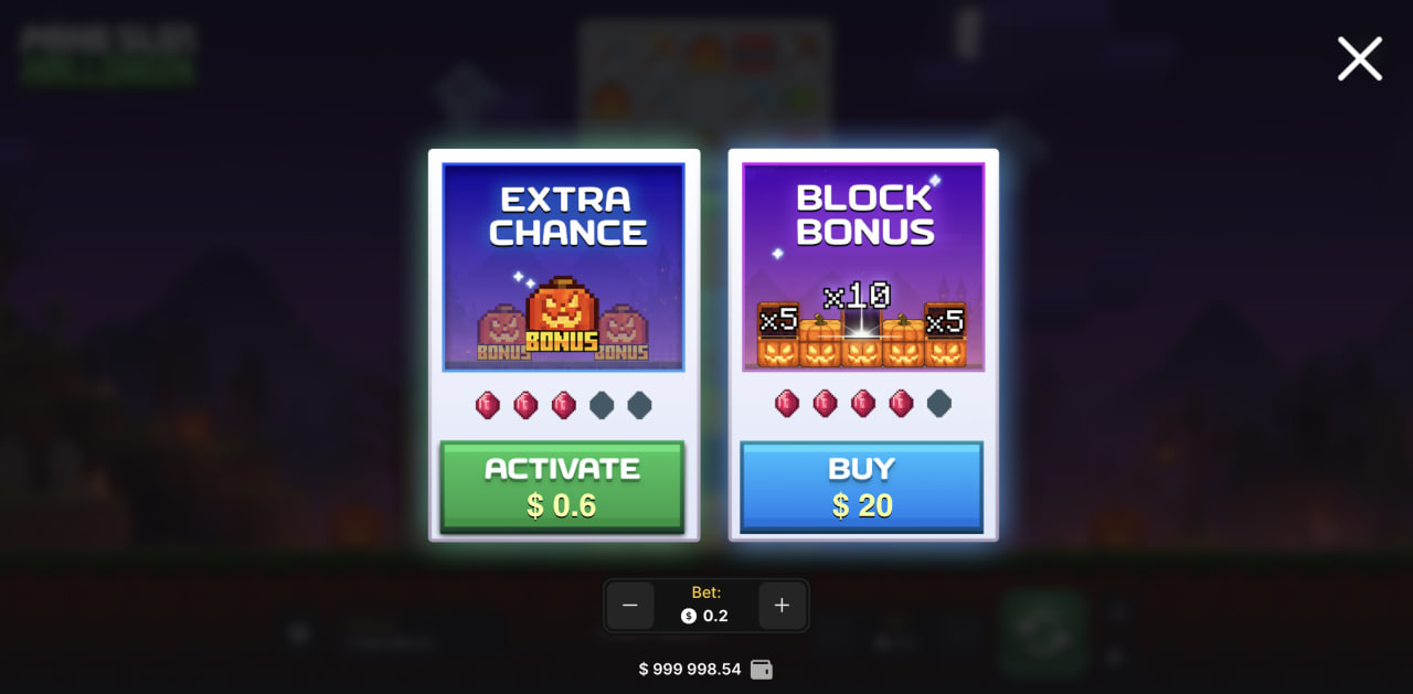 Extra Chance and Block Bonus window of Mine Slot Halloween on desktop