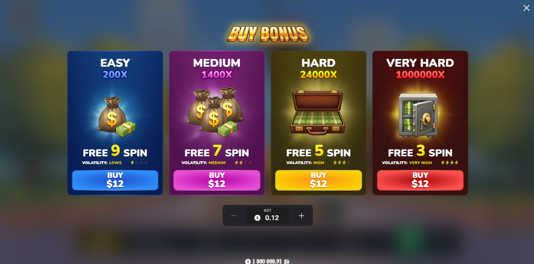 MegaBlock Empire Bonus Buy menu with four free spins options