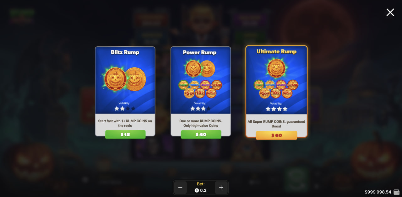 Rump & Halloween Buy Bonus menu with Blitz Rump, Power Rump and Ultimate Rump on desktop