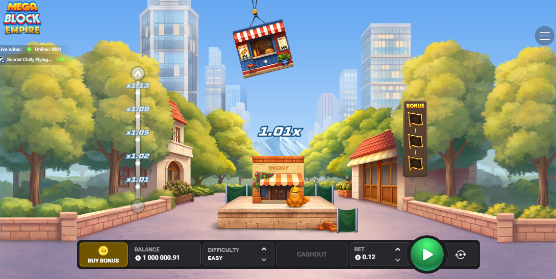 MegaBlock Empire game screen with crane, tower and multiplier