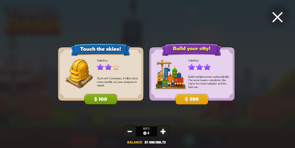 Tower Dash Bonus Buy screen with Touch the skies and Build your city