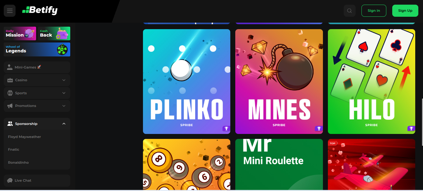 Betify mini-games lobby showing Plinko, Mines and Hilo tiles