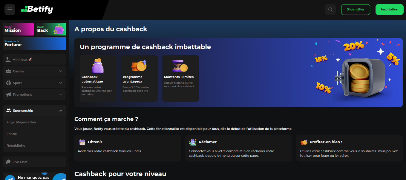 Betify weekly cashback program page with loyalty levels