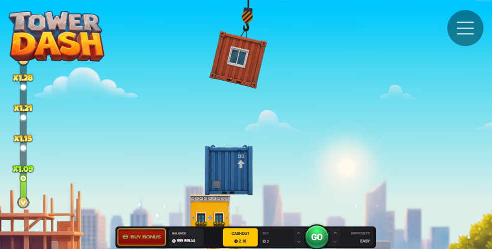 Tower Dash game screen with a crane lowering a container