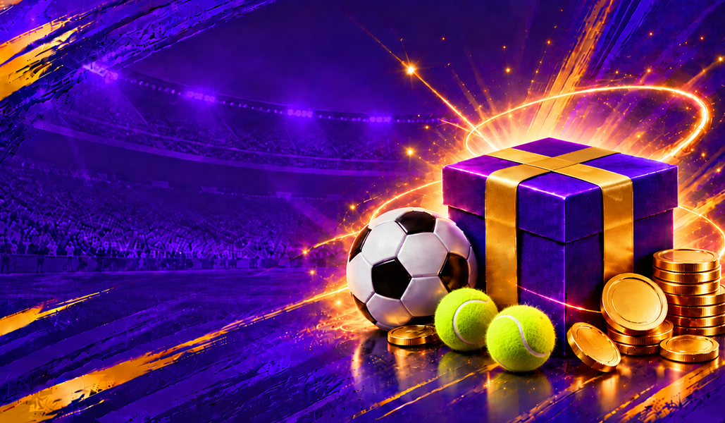 Just4win casino bonus and real money gambling game, gift box with football, tennis ball and coins