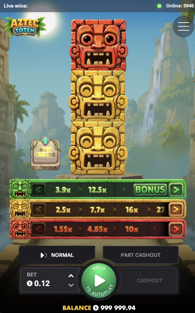 Aztec Totem on a vertical mobile screen with three paths and the Cashout button