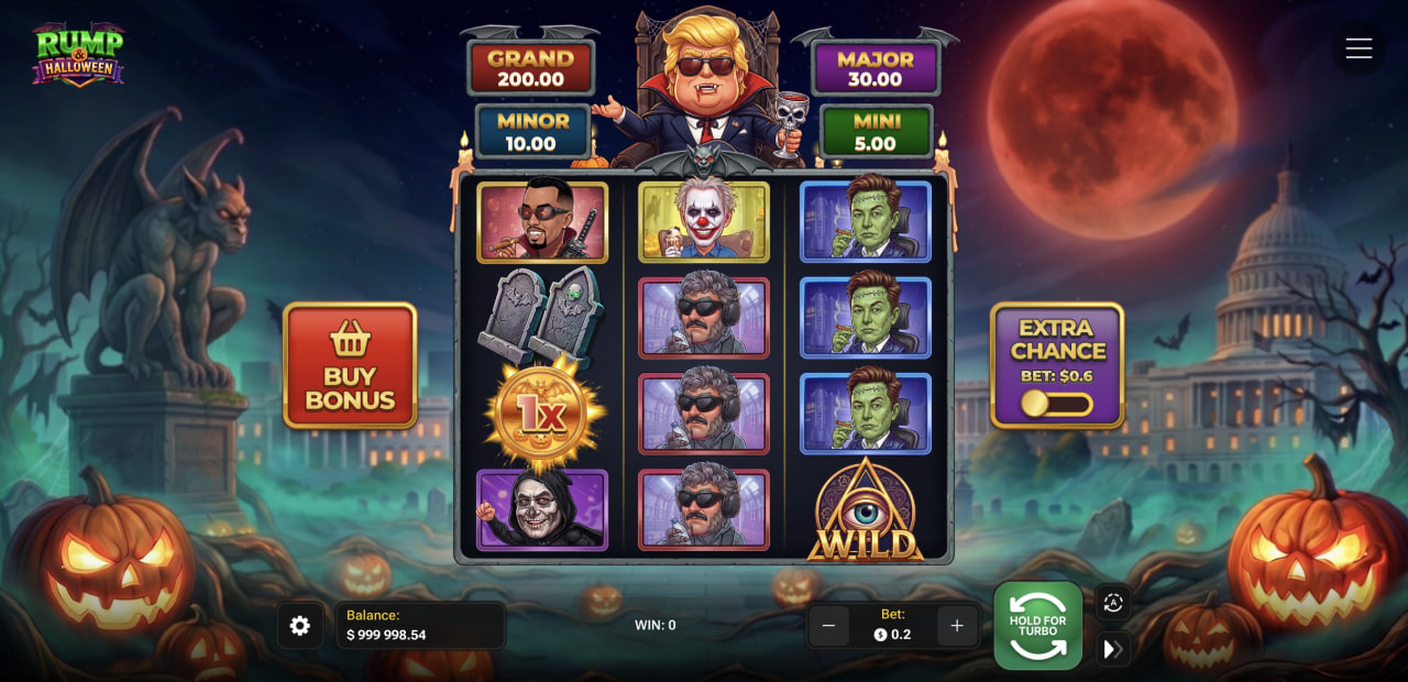 Rump & Halloween game screen with the grid, four jackpots, Buy Bonus and Extra Chance