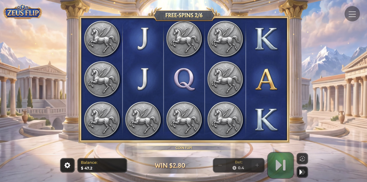 Zeus Flip reels during free spins with Pegasus silver coins and a Coin Flip