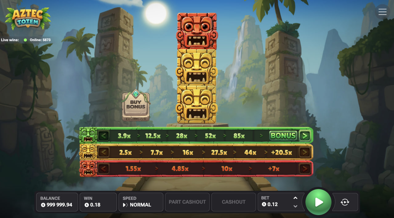 Aztec Totem desktop screen with the carved totem and three multiplier paths